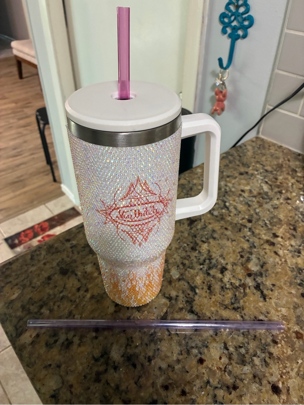 Von Dutch rhinestone flame Ombre Insulated Tumbler with Handle and Straw